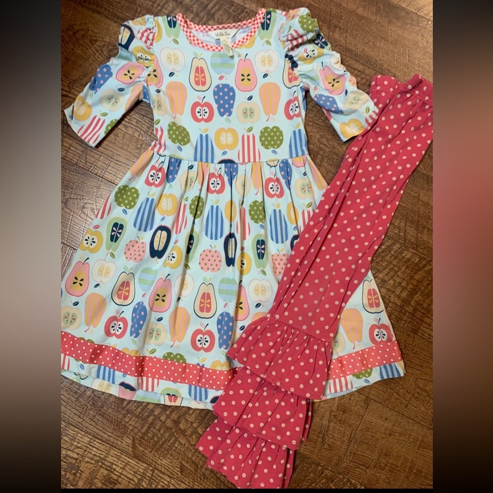 Colorful Fruit Print Dress with Pink Polka Dot Leggings